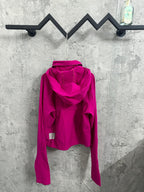 Ralph Lauren clothing: fuchsia hooded jacket back view with adjustable hood ties