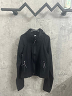 Black hooded jacket with full zipper, stand collar, and drawstring ties
