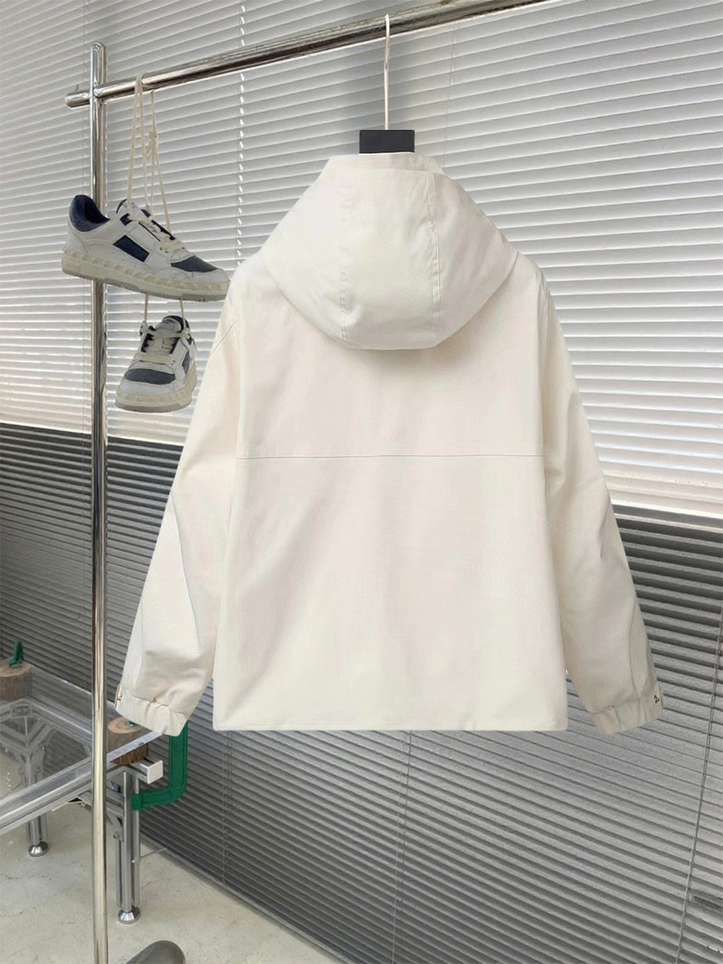 Burberry long white hooded jacket back view with attached full hood