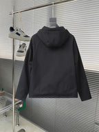 Prada long hooded jacket, dark, attached hood and back yoke, button pockets