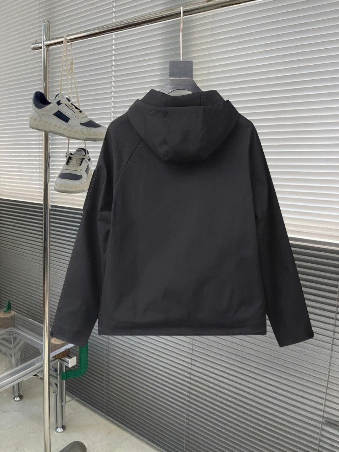 Prada long hooded jacket, dark, attached hood and back yoke, button pockets
