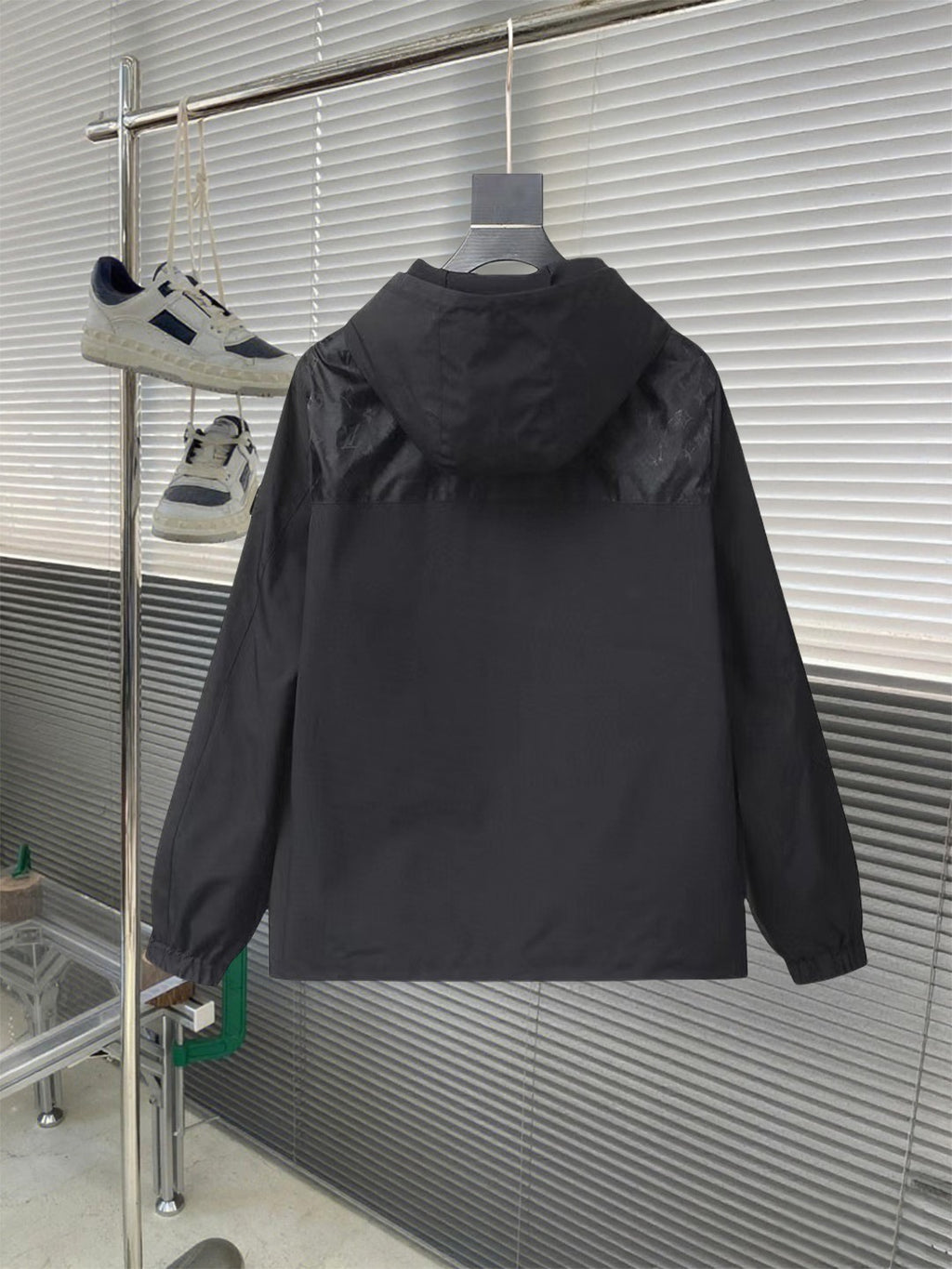 Gucci hooded jacket back view in dark black with attached hood