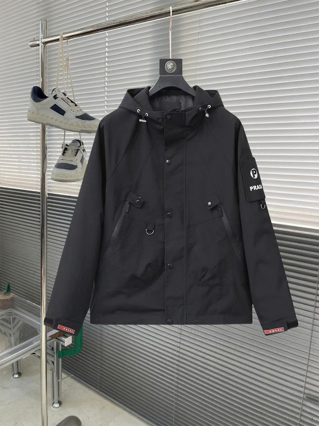 Prada long hooded jacket, dark, zip front with buttons, front pockets