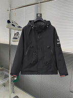 Prada long hooded jacket, dark, zip front with buttons, front pockets
