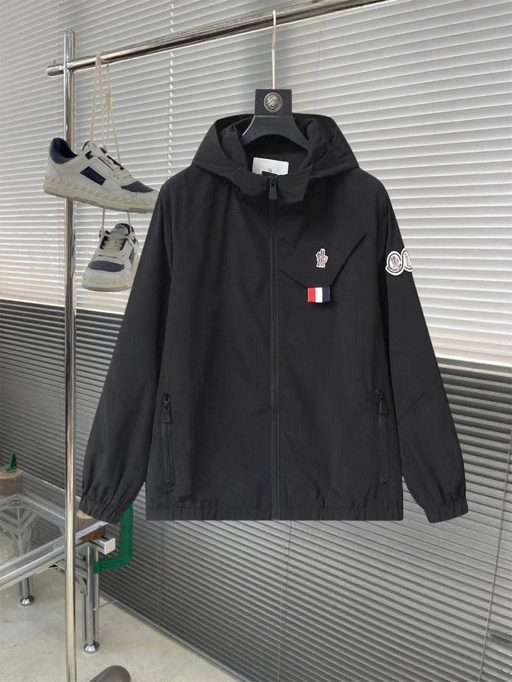 Moncler hooded jacket, black, full-zip front with chest logo patch and sleeve badge