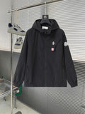 Moncler hooded jacket, black, full-zip front with chest logo patch and sleeve badge