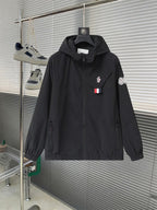 Moncler hooded jacket, black, full-zip front with chest logo patch and sleeve badge