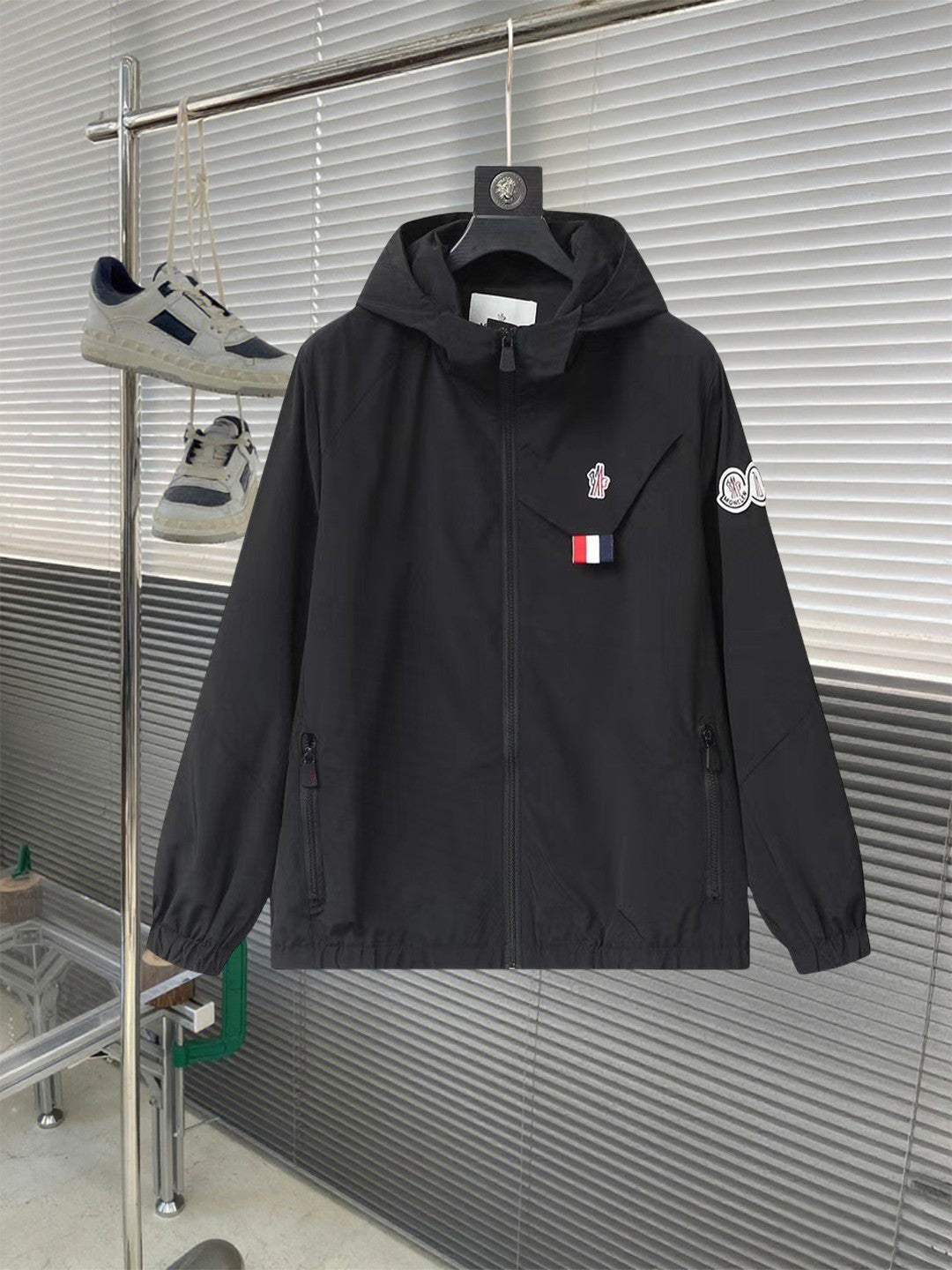 Moncler hooded jacket, black, full-zip front with chest logo patch and sleeve badge
