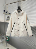 Prada long white jacket with button front, hood, and black-trim pockets