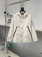 Prada long white jacket with button front, hood, and black-trim pockets