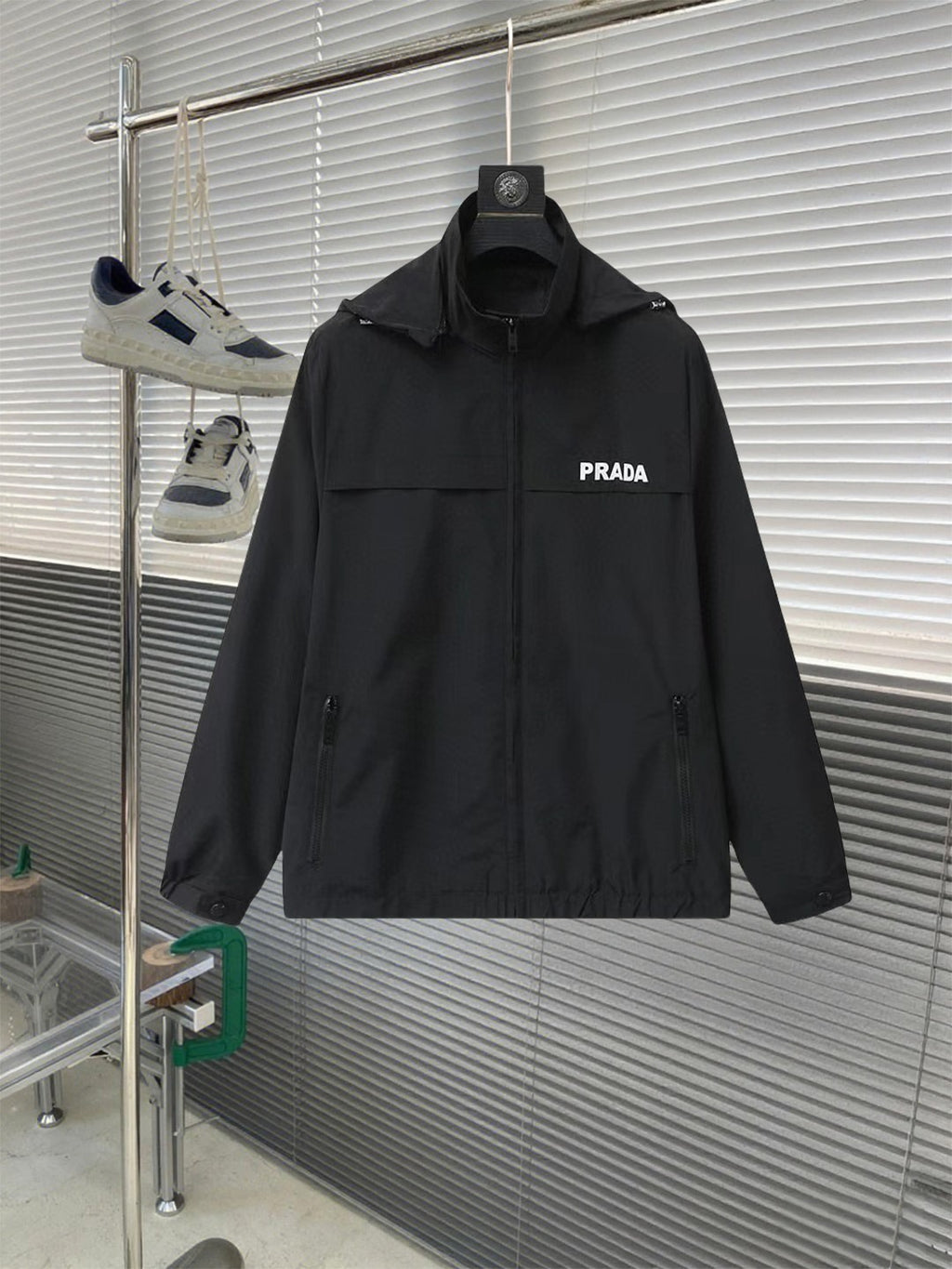 Black PRADA hooded long jacket with full zip and front logo