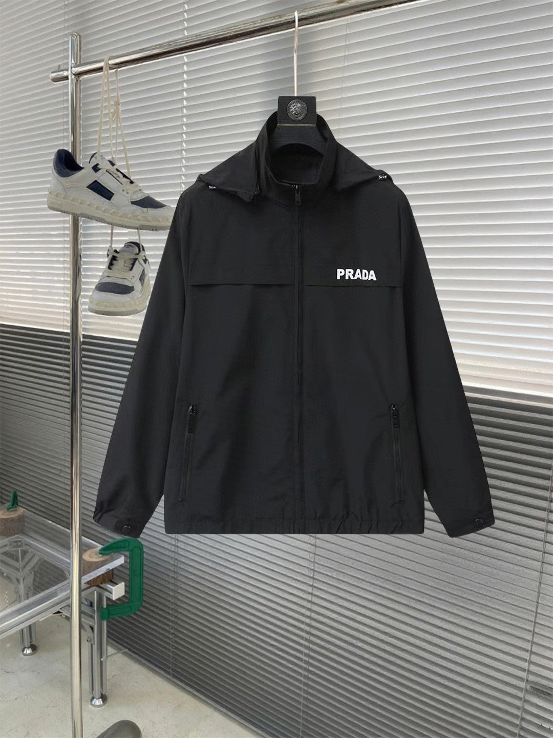Black PRADA hooded long jacket with full zip and front logo