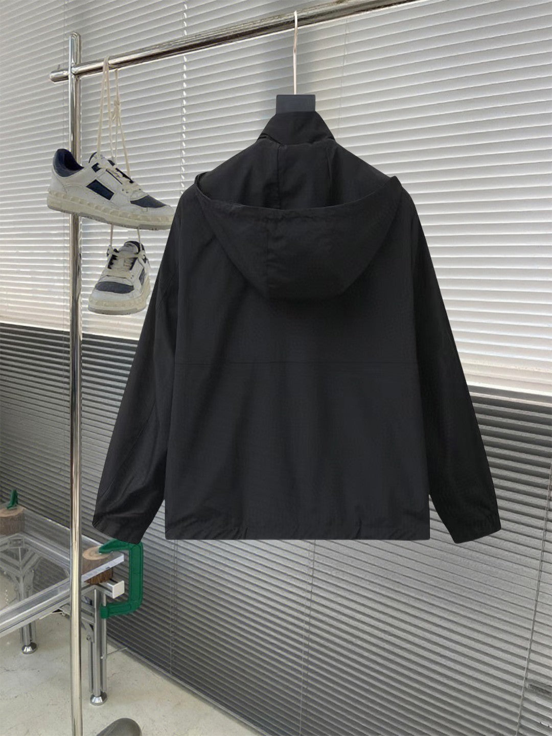Black PRADA hooded long jacket, back view