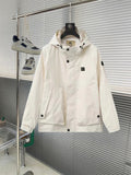 Burberry long white hooded jacket with front snap buttons and zip placket