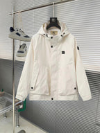 Burberry long white hooded jacket with front snap buttons and zip placket