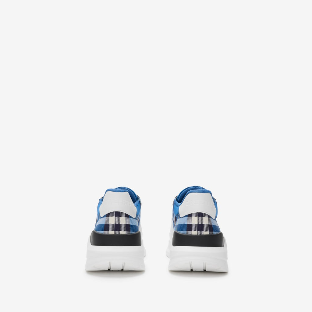 Burberry check sneakers from back with black heel panel and white sole