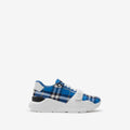 Burberry check sneakers with white laces and chunky white sole, blue plaid