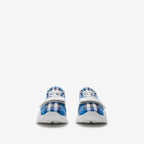 Burberry check sneakers, heel and back view, blue plaid with white sole