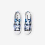 Blue plaid lace-up sneakers with white rubber sole and Burberry logo on tongue