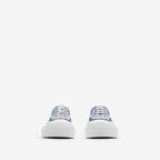Blue plaid lace-up sneakers front view, white toe cap and rubber sole