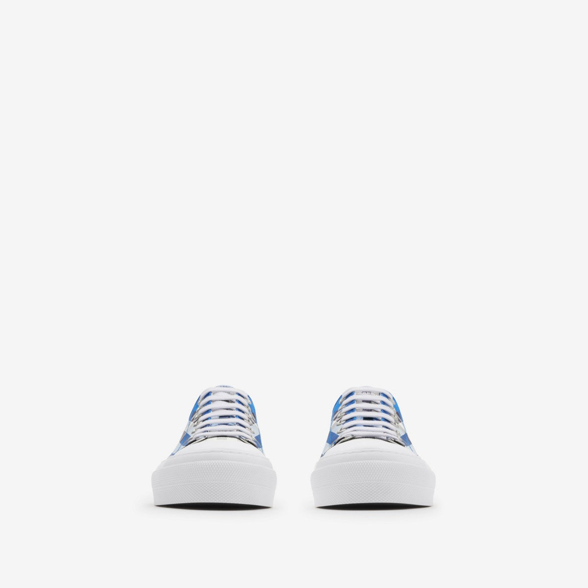 Blue plaid lace-up sneakers front view, white toe cap and rubber sole