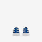 Back view of blue and white plaid low-top sneakers with white heel counter
