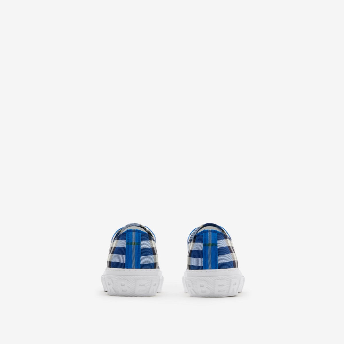 Back view of blue and white plaid low-top sneakers with white heel counter