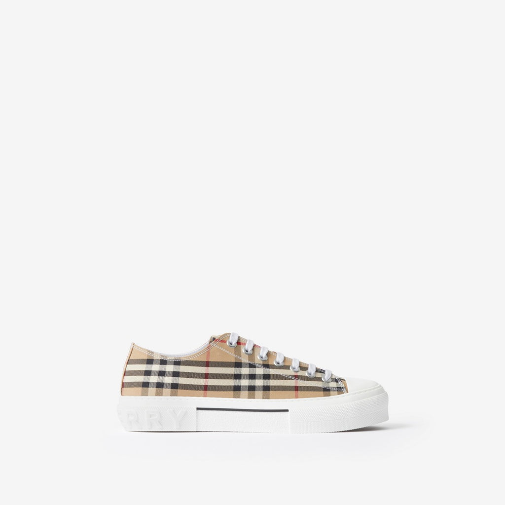 Burberry sneakers with beige plaid canvas upper and white rubber sole