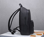 Louis Vuitton men’s black leather backpack from side view with adjustable shoulder straps