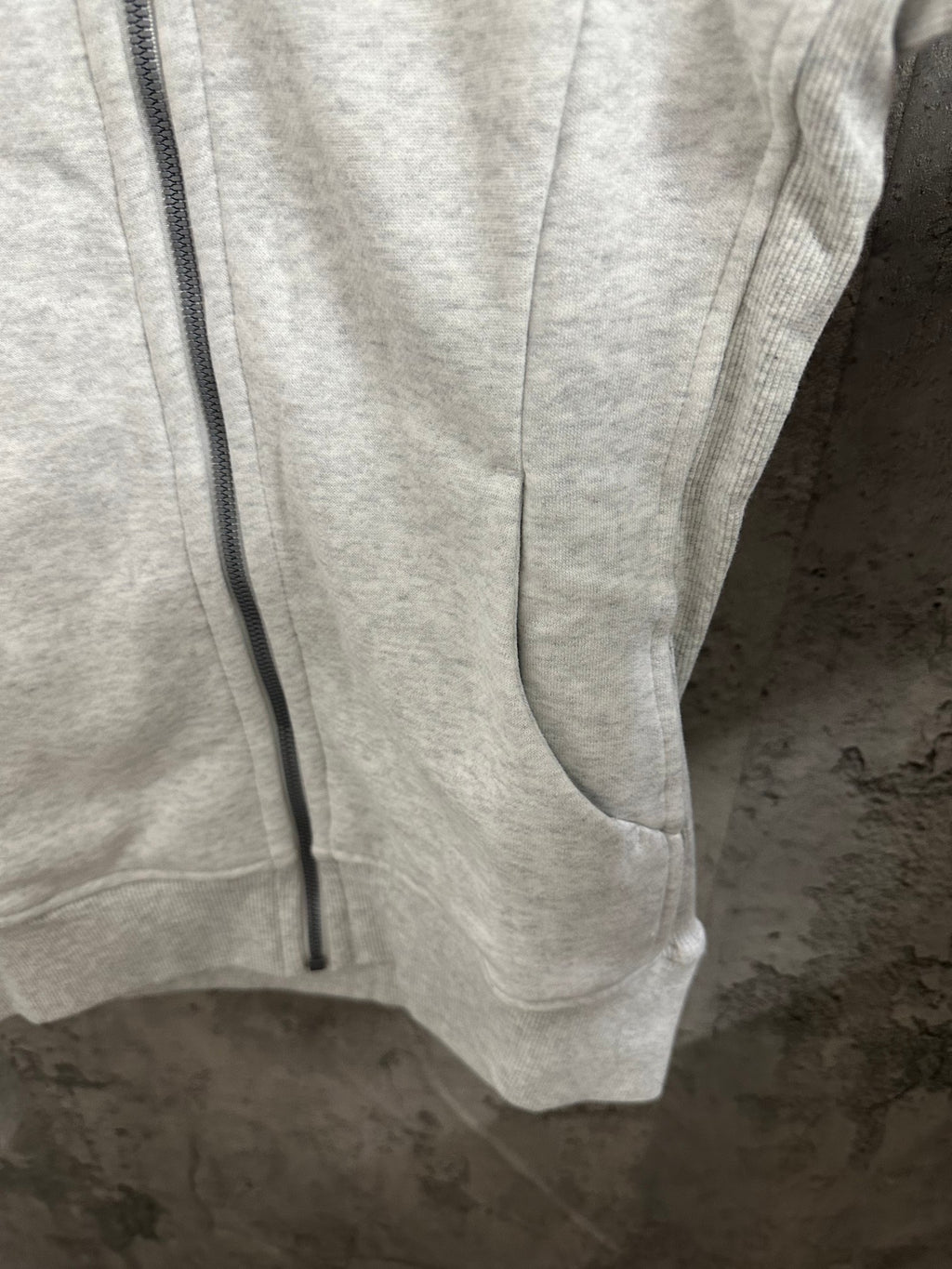 Ralph Lauren zip hoodie front panel, light gray, full zipper and kangaroo pocket seam
