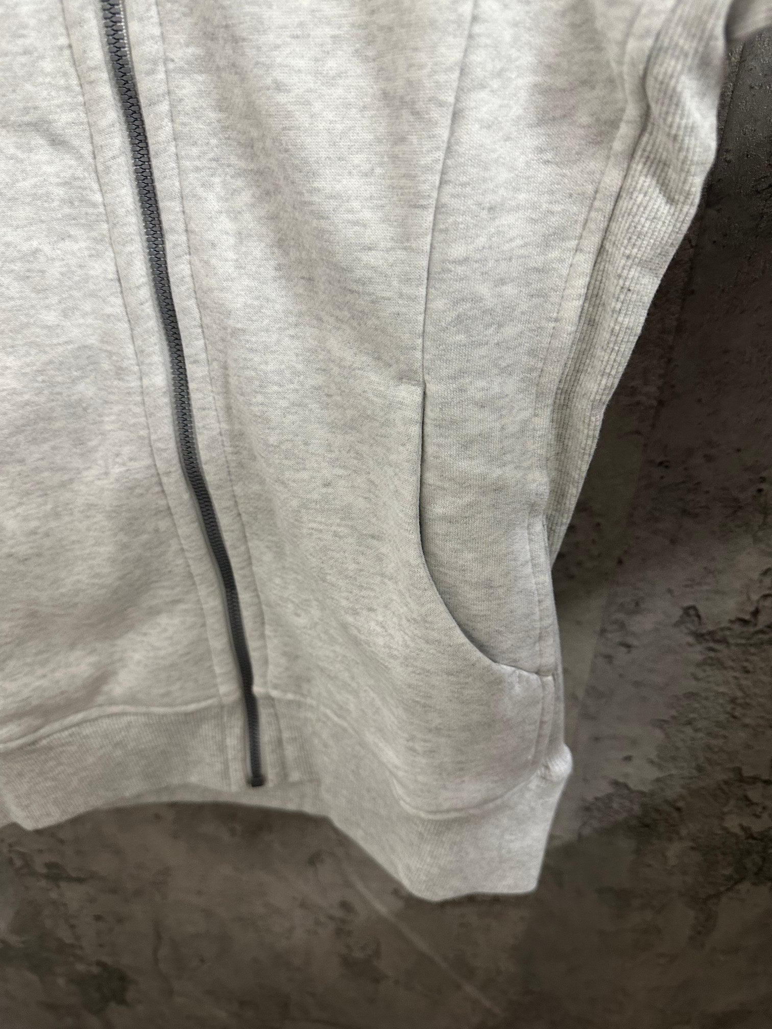 Ralph Lauren zip hoodie front panel, light gray, full zipper and kangaroo pocket seam