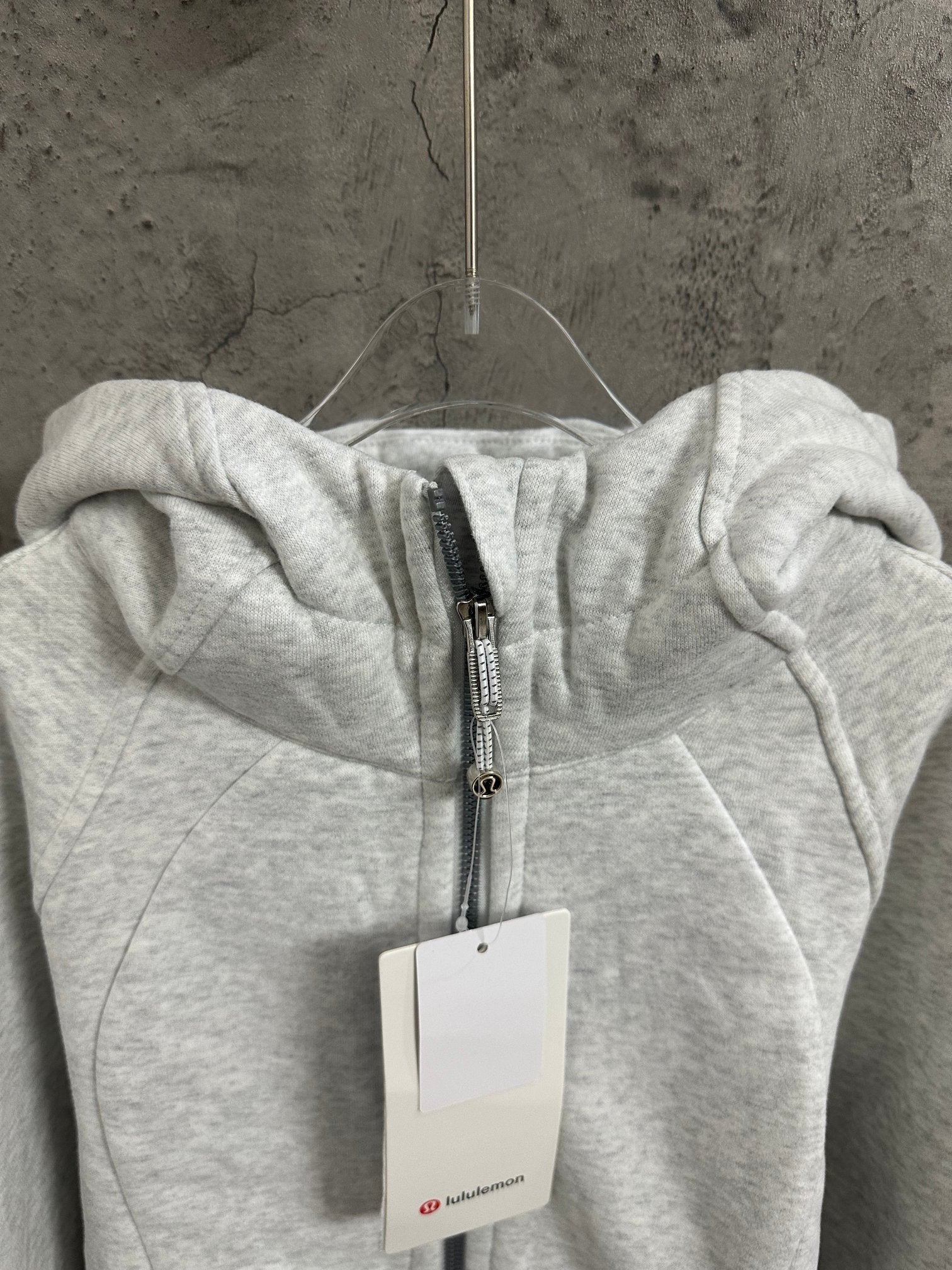Ralph Lauren zip hoodie hood with drawstrings, light gray, metal zipper and hanging tag