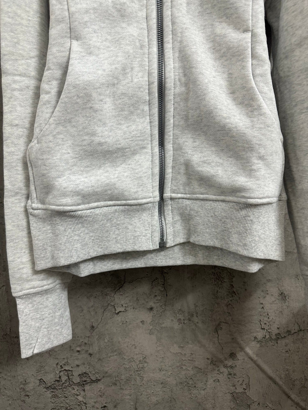 Ralph Lauren zip hoodie front view, light gray, zipper to hem, ribbed hem finish