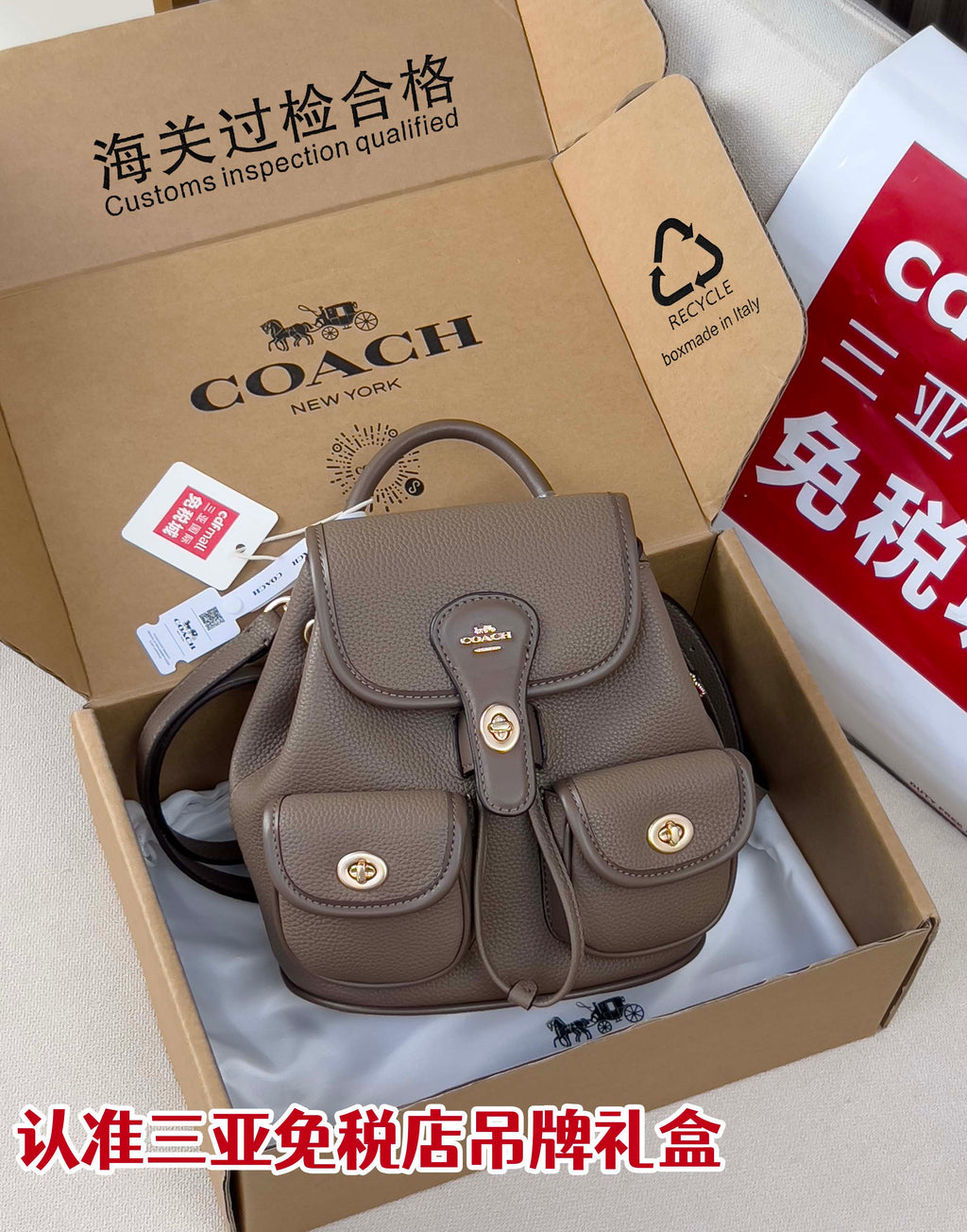 Coach mini backpack bag in taupe pebbled leather, front flap and small pockets