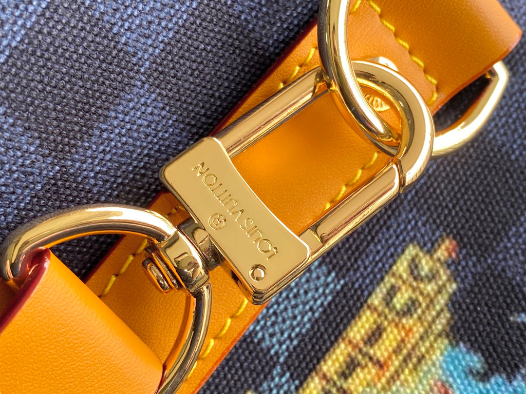 Gold clasp hardware and embossed “LOUIS VUITTON” plaque on orange leather tab.