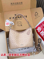 Coah hobo bag with monogram canvas, light beige, zip top and leather trim, silver hardware