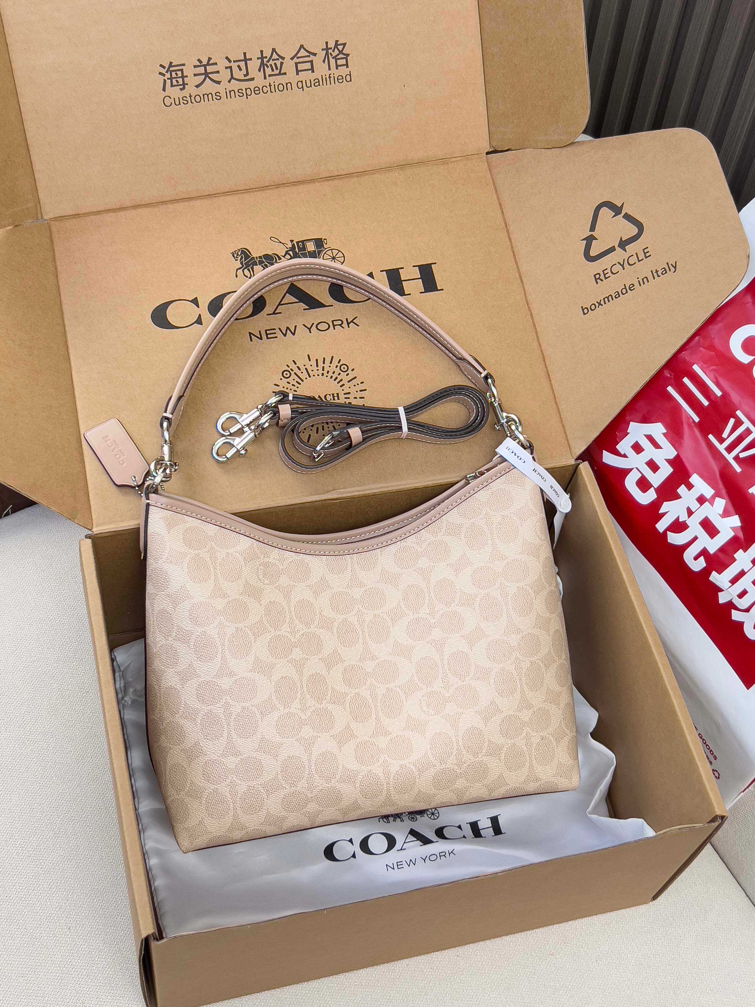 Coah hobo bag in box, light beige monogram canvas, top zip, leather strap and silver rings