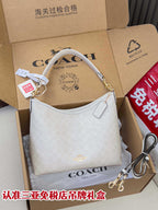 Coah handbag, light gray patterned canvas, top zip, gold-tone chain strap