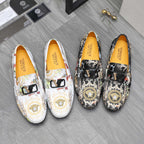 Black, white & gold printed loafers with buckle detail