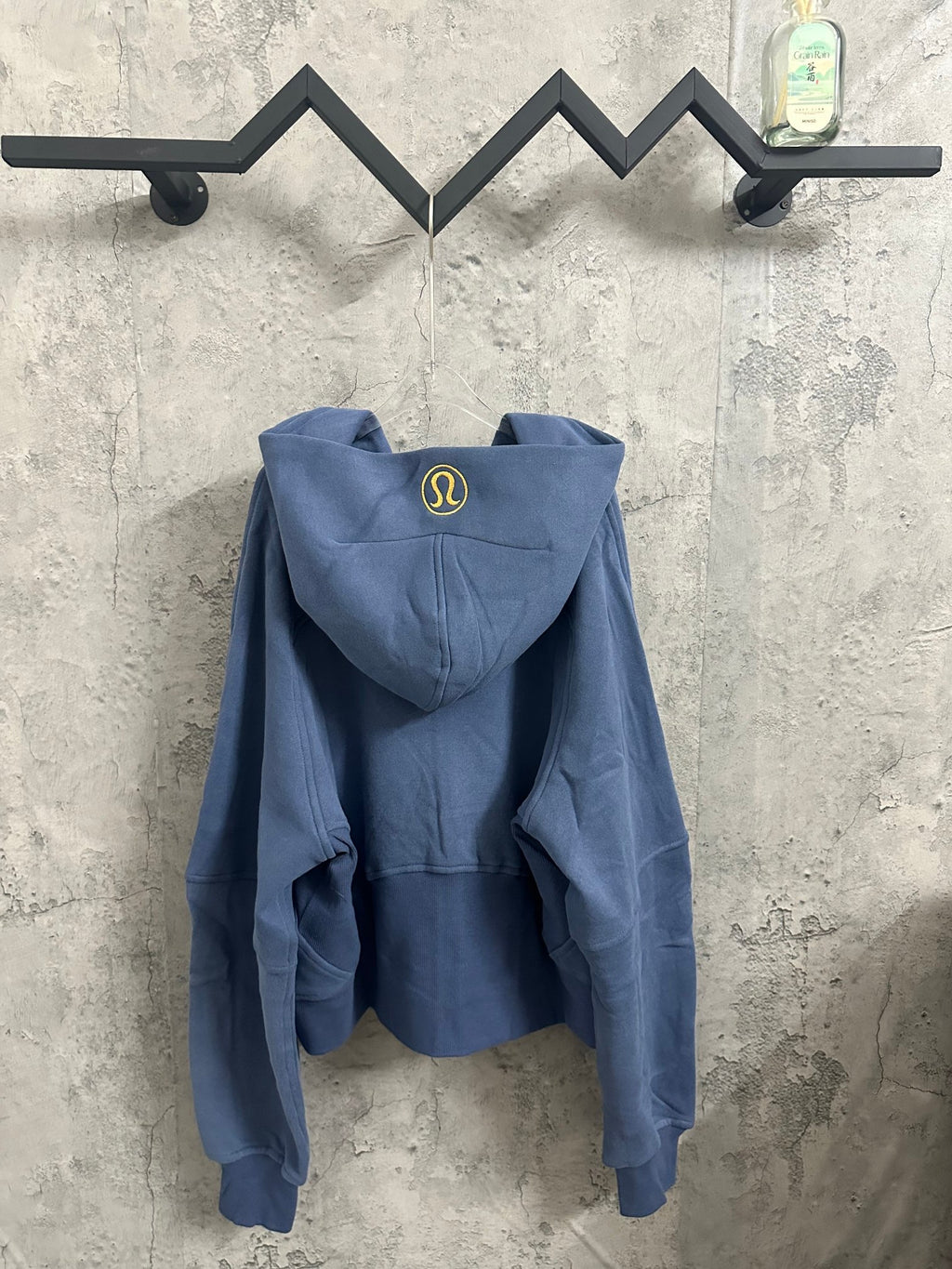 Ralph Lauren blue zip-up hoodie, hood up and back view
