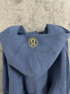 Ralph Lauren blue zip-up hoodie hood with drawstrings and small gold emblem