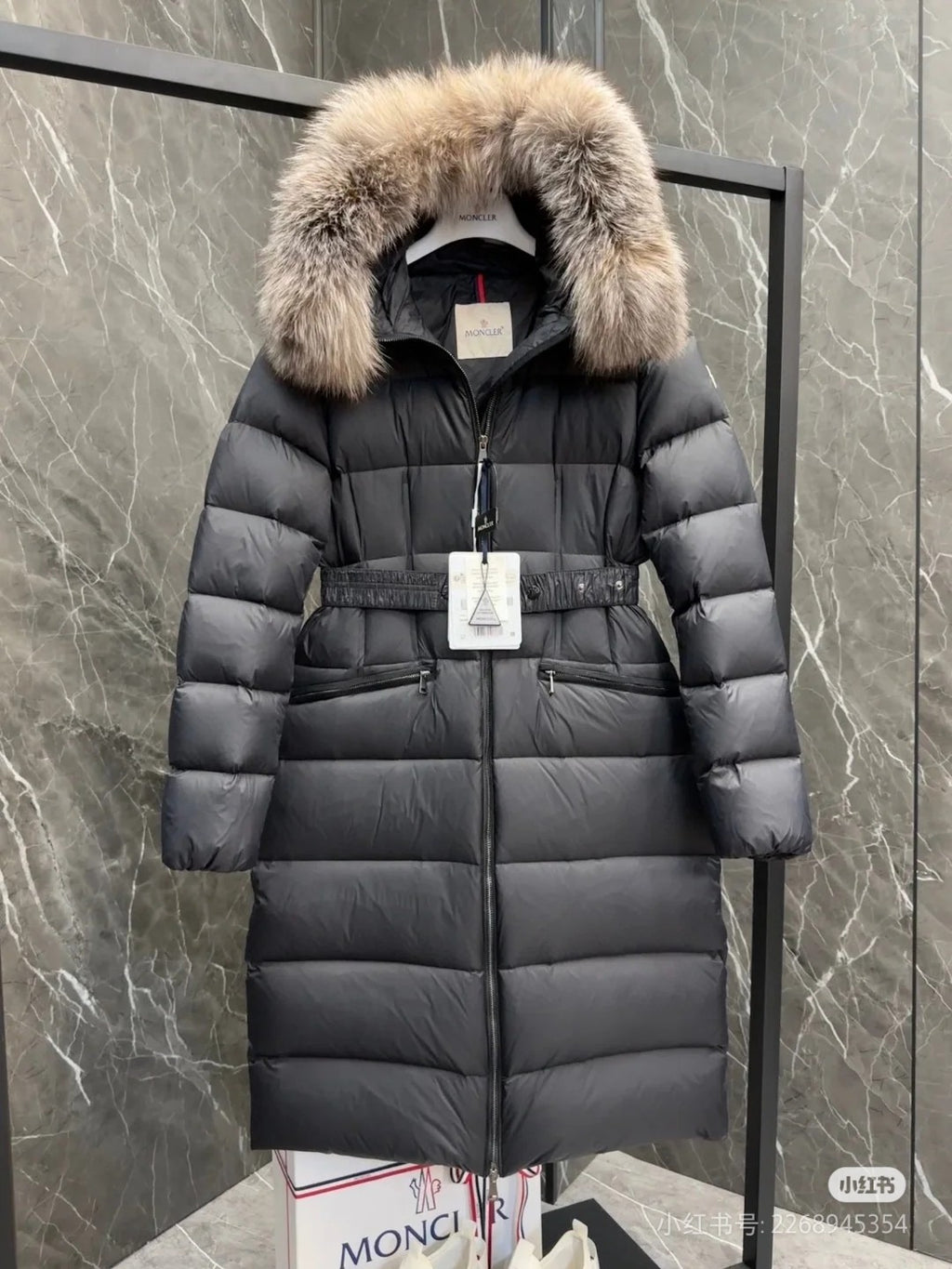 Moncler long puffer coat with faux fur hood, dark color, straight front zipper