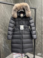 Moncler long puffer coat with faux fur hood, dark color, straight front zipper