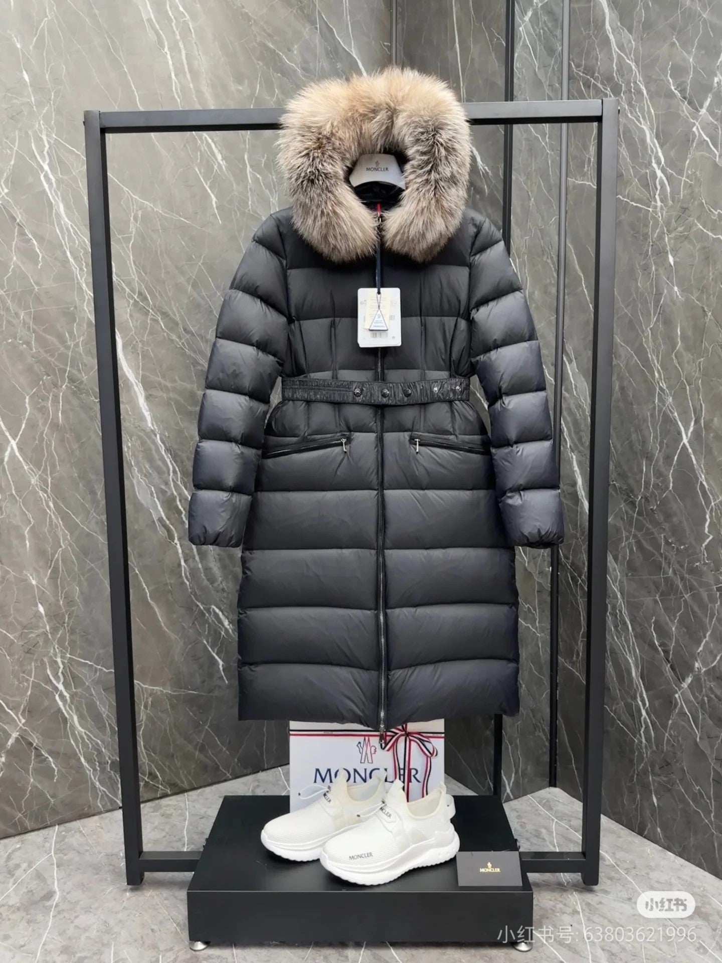 Moncler long puffer coat with faux fur hood, dark color, belt at waist