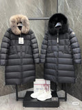 Moncler long puffer coat with faux fur hood, dark color, front zipper