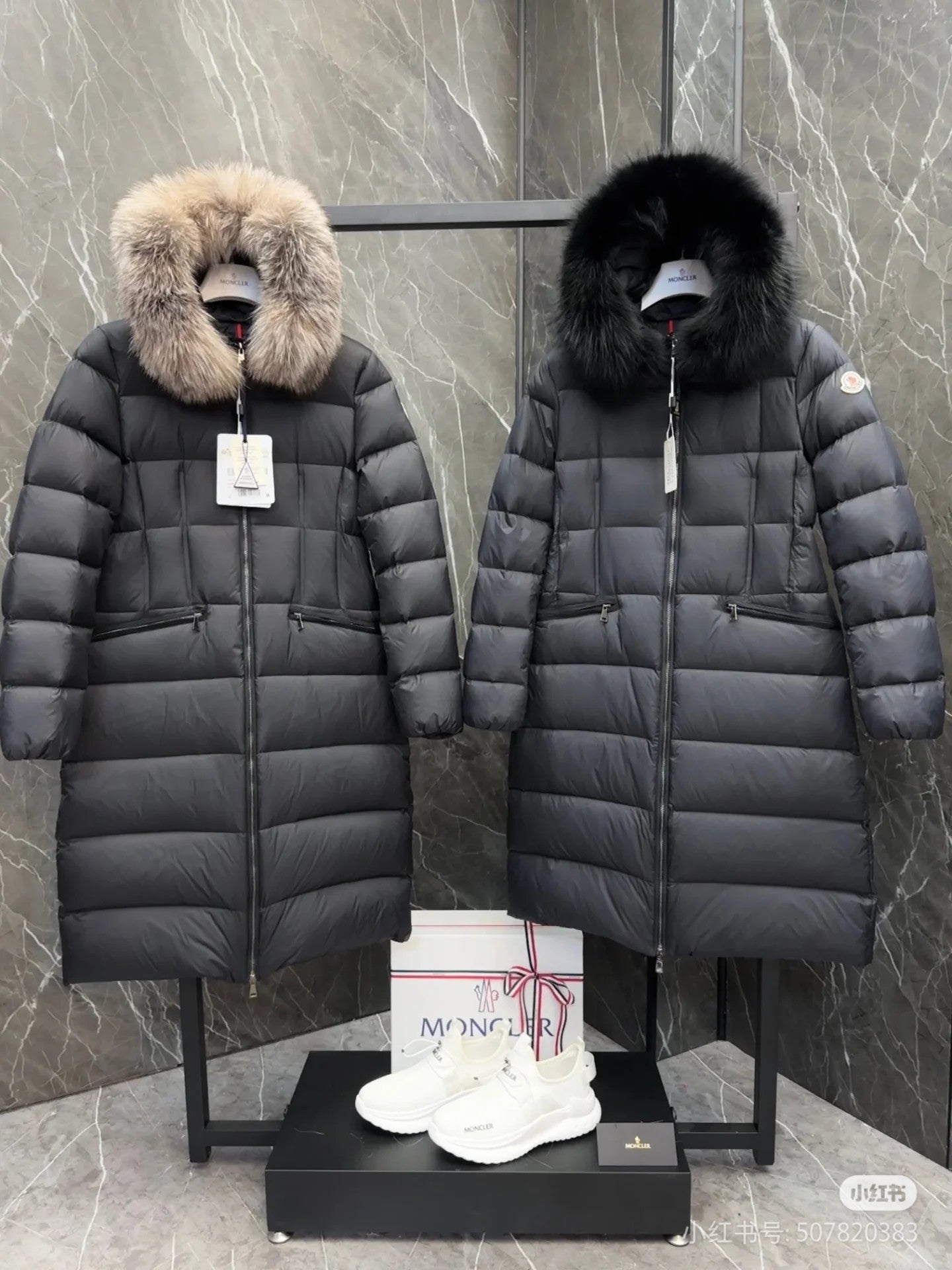 Moncler long puffer coat with faux fur hood, dark color, front zipper