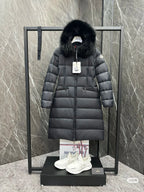 Moncler long puffer coat with faux fur hood, dark color, front zipper