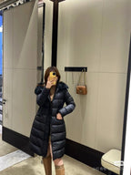 Moncler long puffer coat with faux fur hood, dark color, belted fit