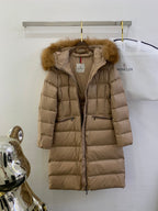 Moncler long quilted puffer coat with fur-trim hood, zip front, tan