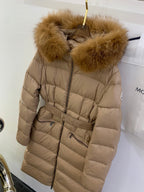 Moncler long quilted puffer coat with fur-trim hood and belt, tan